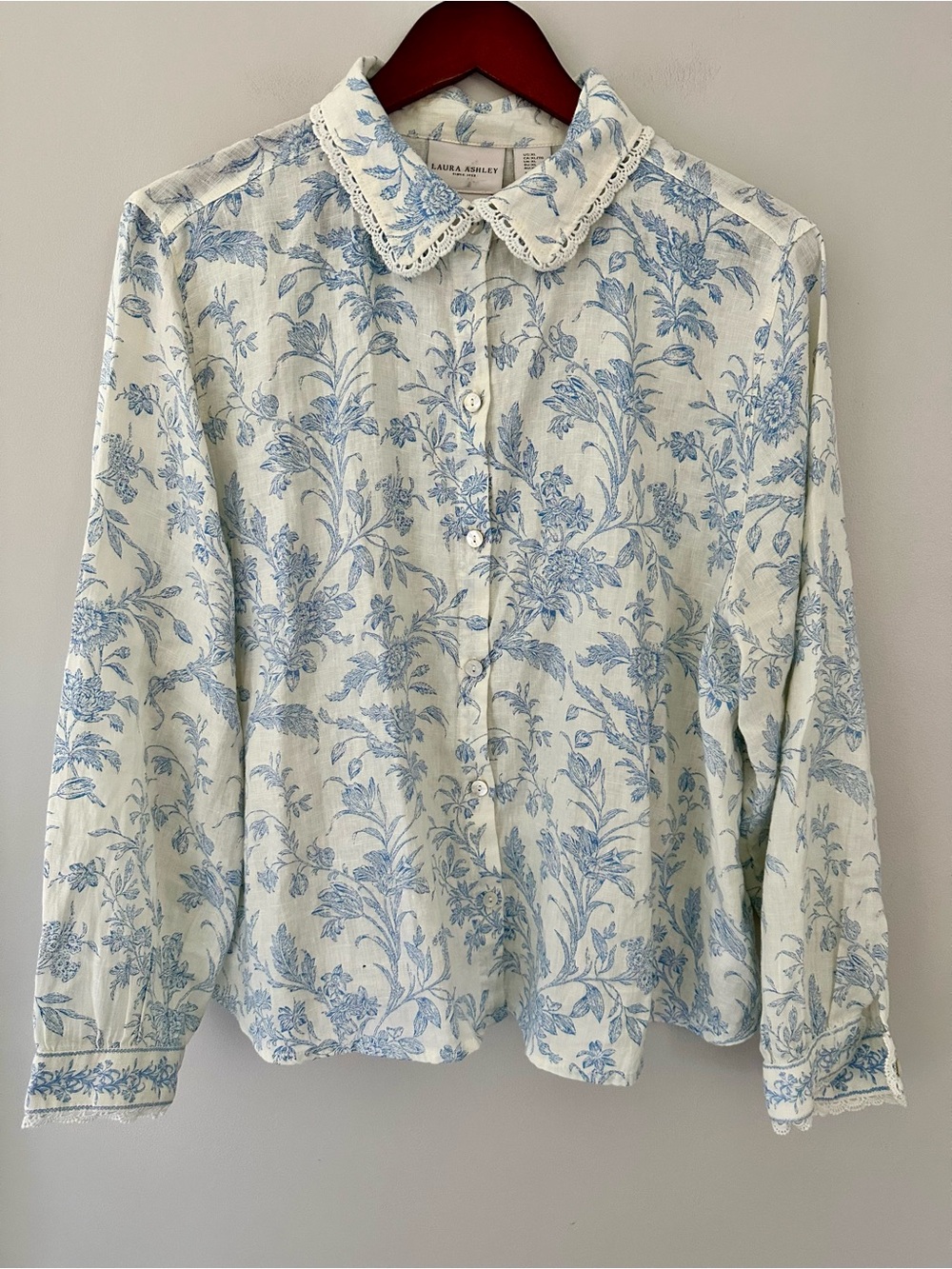 Laura Ashley Cream and Light Blue Floral Lace Trim 100% Linen Button Down Shirt